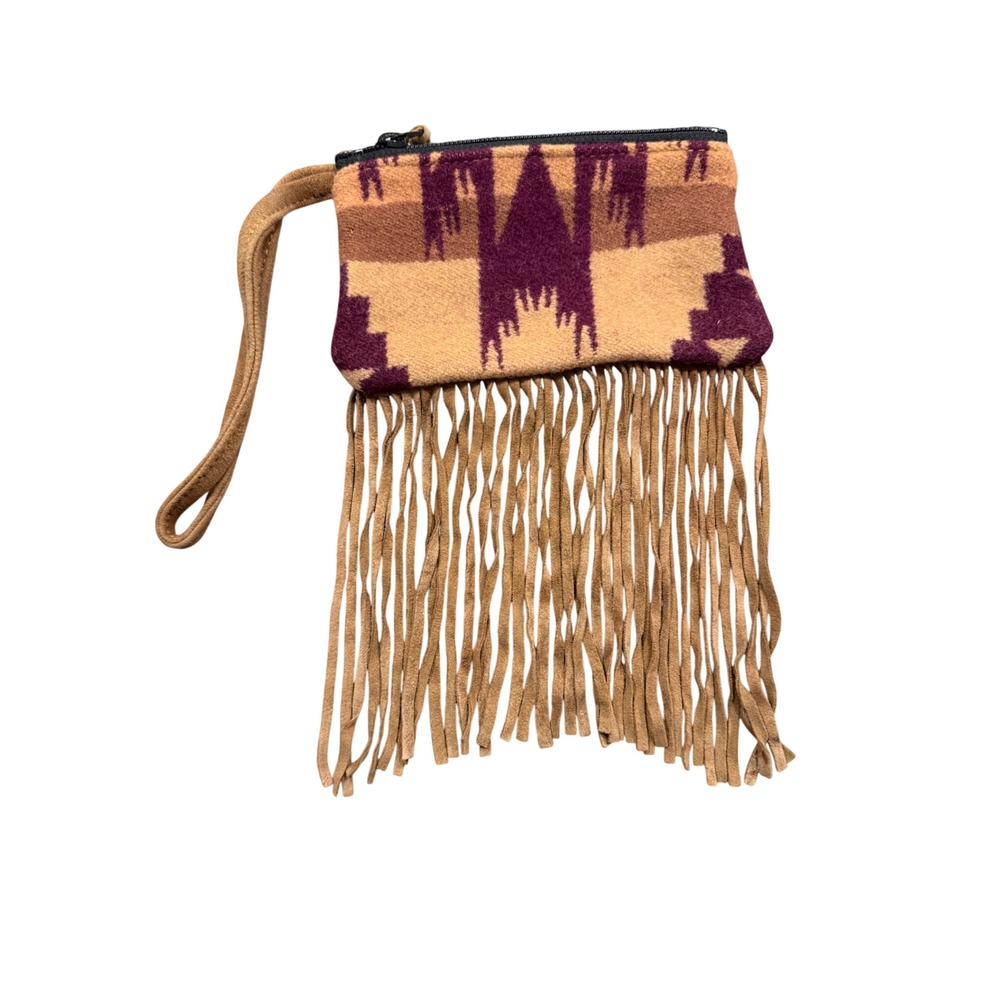 Southwestern Woven Suede Fringe Wristlet Pouch Tan Purple Geometric Bohemian